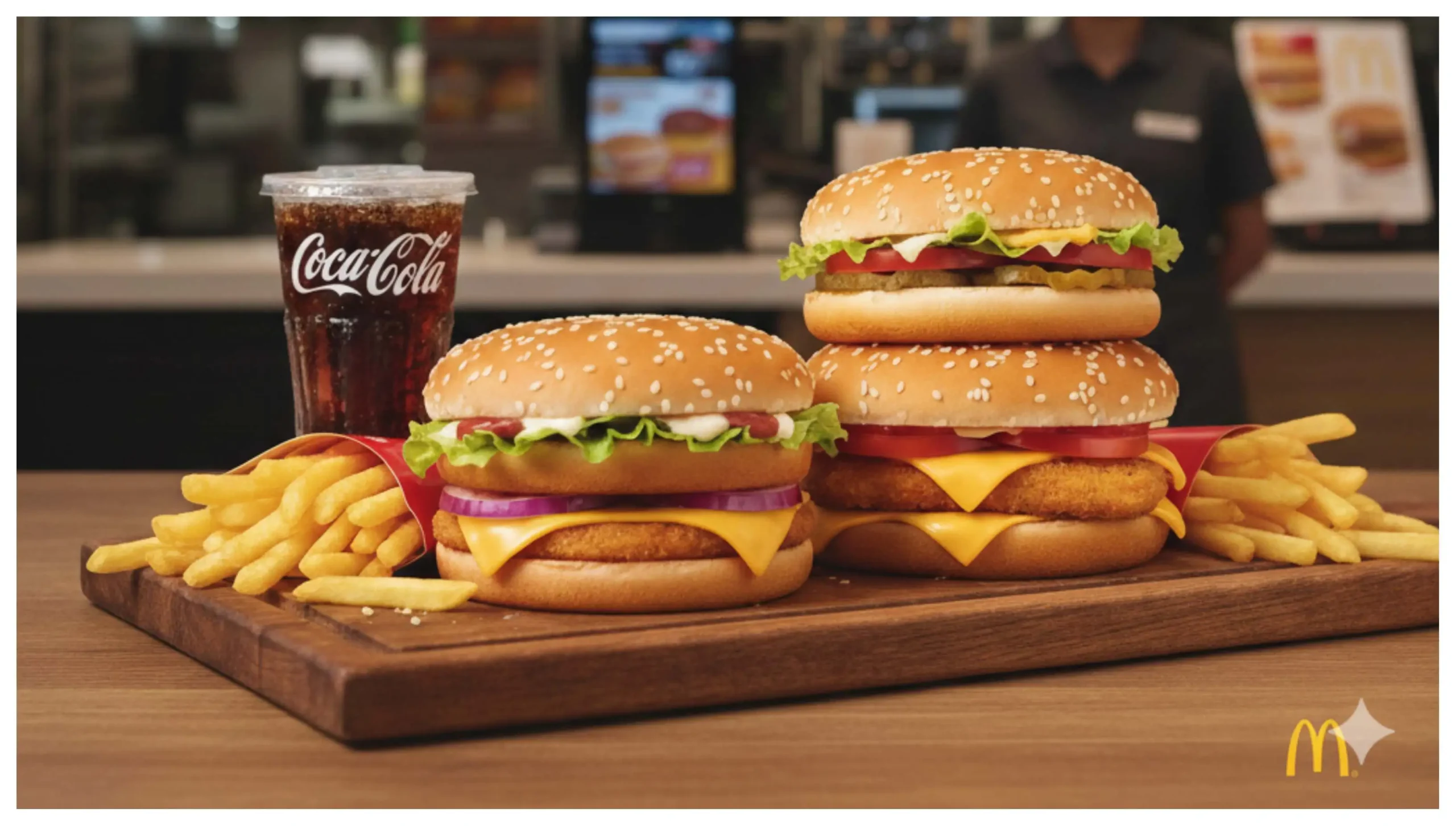 Una jugosa hamburguesa con queso y vegetales frescos sobre un fondo publicitario, destacando la nueva promoción de hamburguesas en McDonald’s.