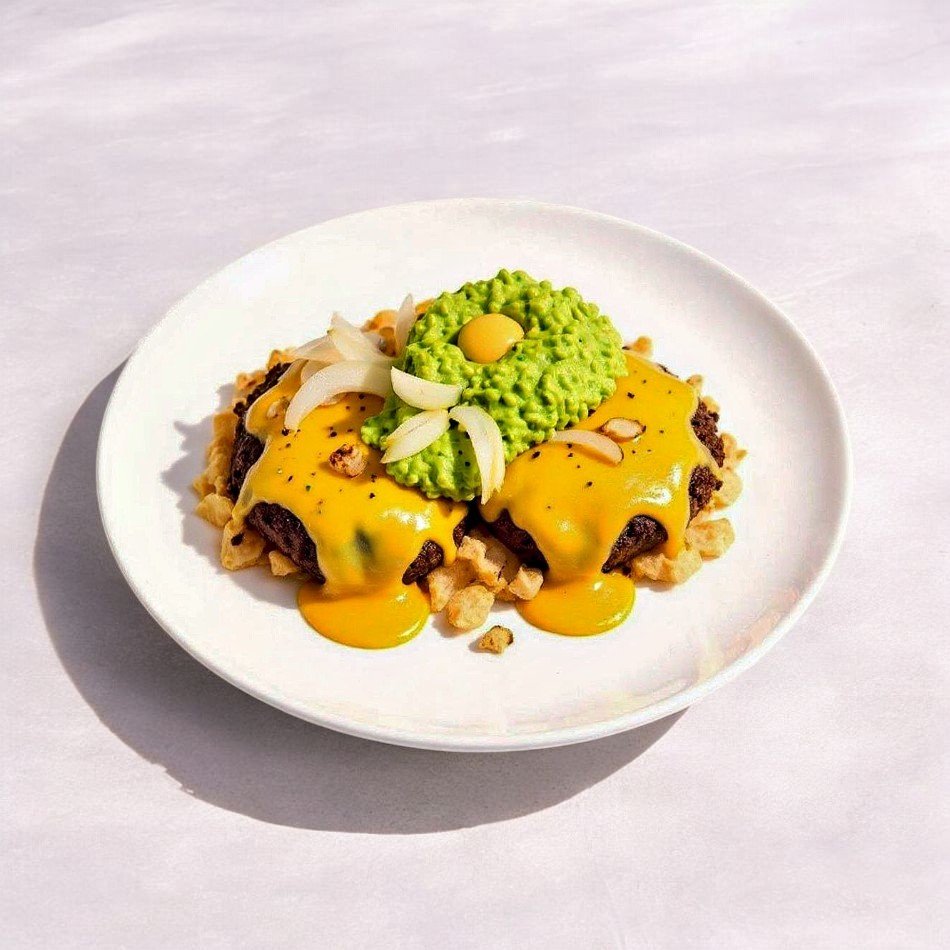 Hamburguesa Keto Clásica de LF Burger con queso asado y guacamole